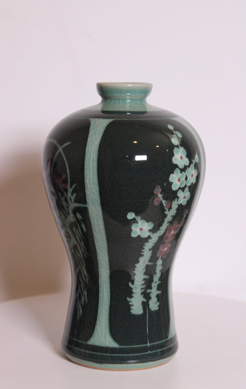 Vintage Korean Celadon Four Seasons Inlaid Floral Vase