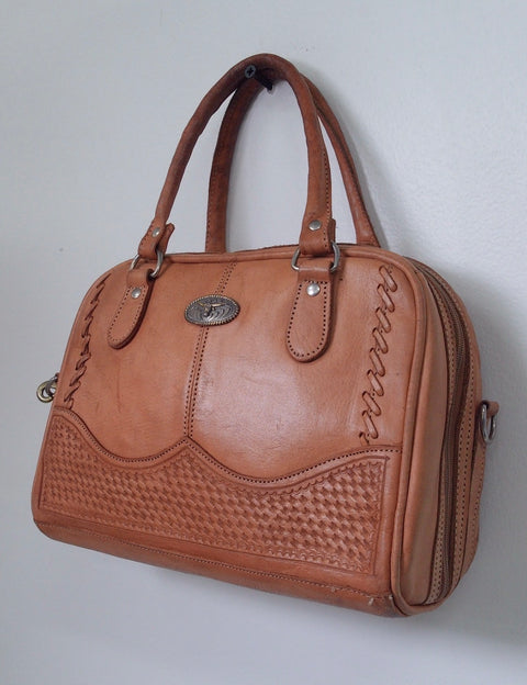 Pre Owned Western Tan Leather Satchel | Longhorn Steer Concho | Basket Weave Tooling | Whipstitch Detail (Vintage)
