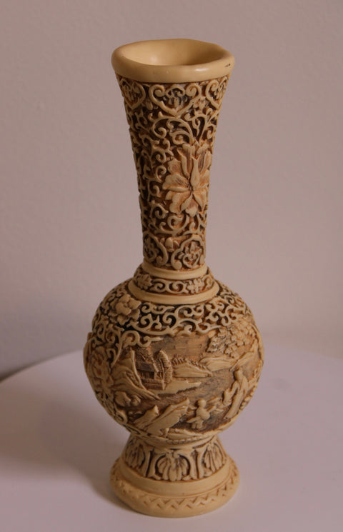 Intricately Carved Faux Ivory Scenic Vase