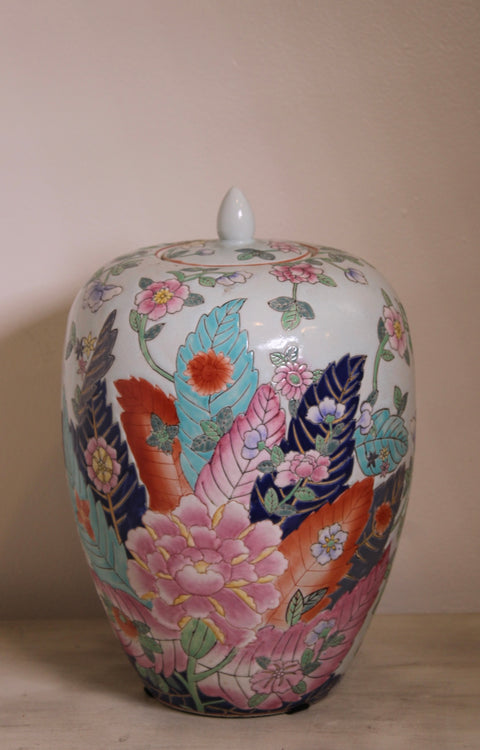 Vintage Large Floral Covered Porcelain Jar Colorful Chinoiserie Style