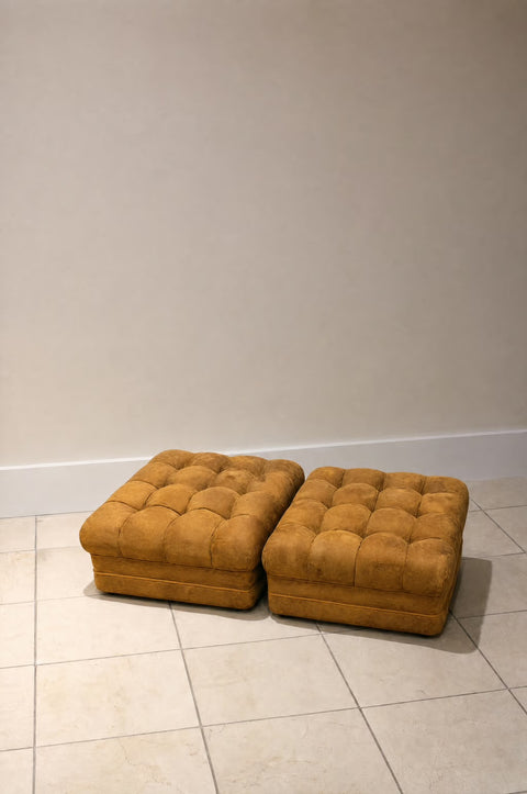 Vintage Pair of 1960s Biscuit Trigger Carmel Ultra Suede Ottomans
