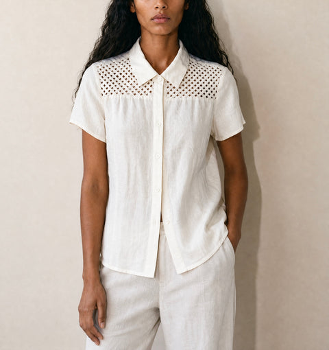 Dina K White Linen Eyelet Button-Up Blouse