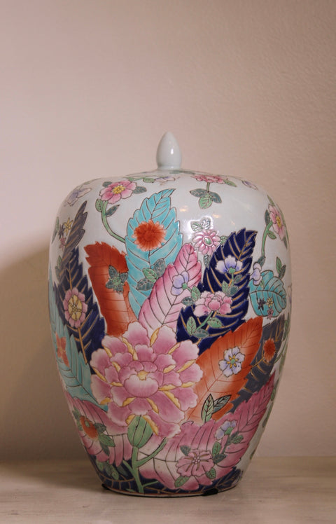 Vintage Large Floral Covered Porcelain Jar Colorful Chinoiserie Style