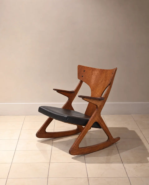 Danish Modern Sculptural Wood Rocking Chair with Black Leather Seat
