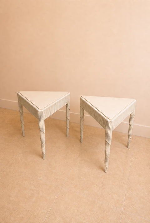 Vintage Pair of Cream Fluted Carved Side Tables