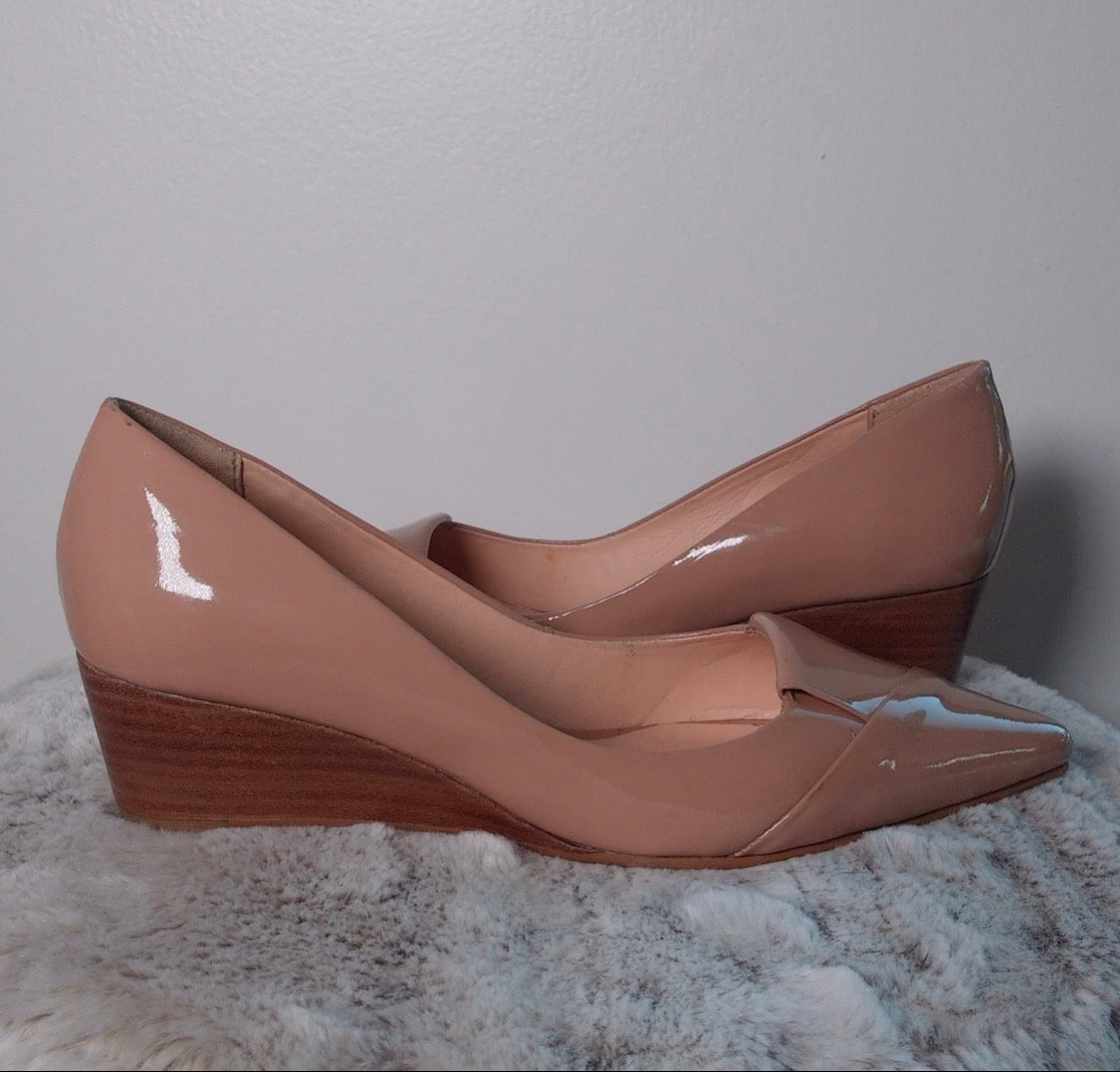 Pre Owned Tilly B Nude Patent Leather Wedge Heels | Pointed Toe Slip-On Pumps | Minimal Everyday Shoes
