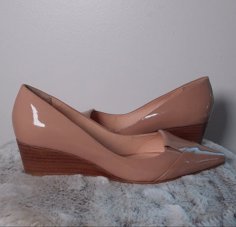 Pre Owned Tilly B Nude Patent Leather Wedge Heels | Pointed Toe Slip-On Pumps | Minimal Everyday Shoes