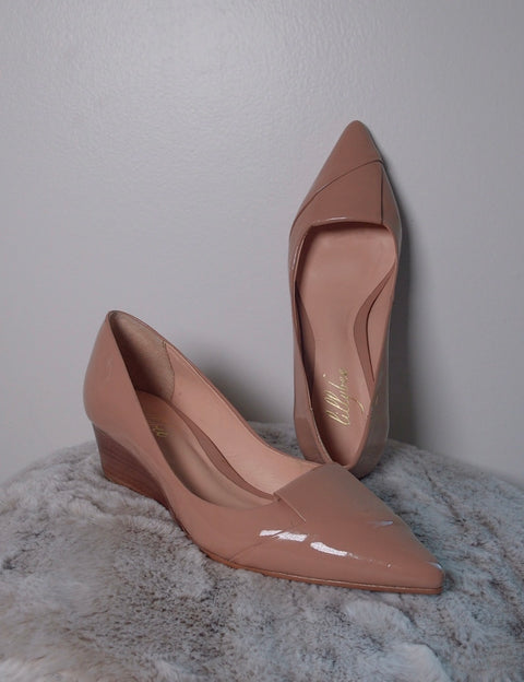 Pre Owned Tilly B Nude Patent Leather Wedge Heels | Pointed Toe Slip-On Pumps | Minimal Everyday Shoes