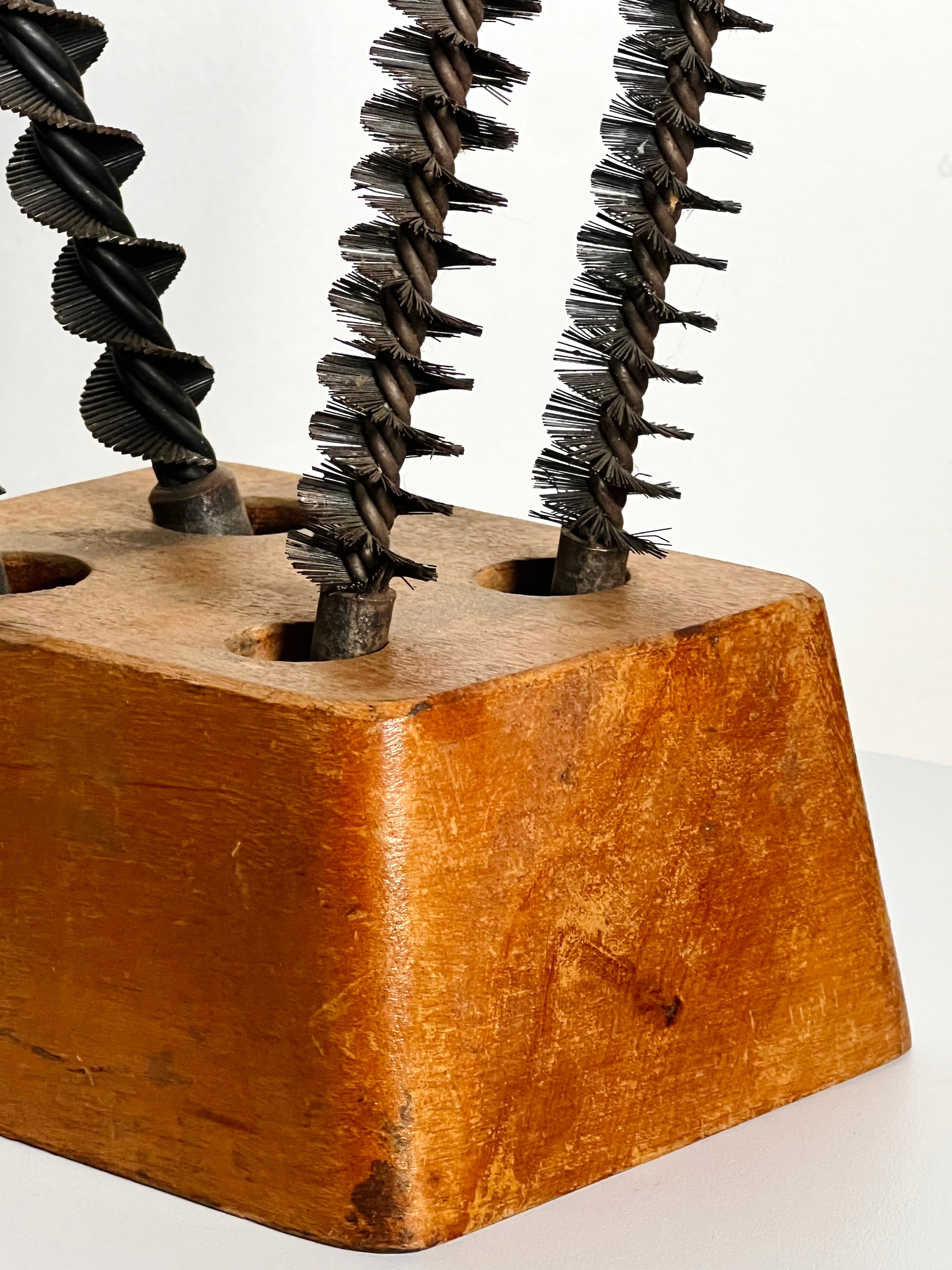 Antique Lathed Turned Wood Drill Holder & Bits (Vintage)