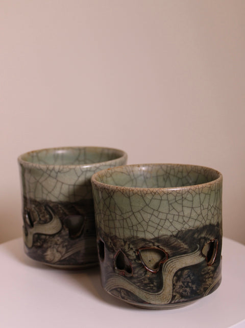 Vintage Japanese Somayaki Double-Wall Yunomi Tea Cups, Celadon Crackle, Set of 2