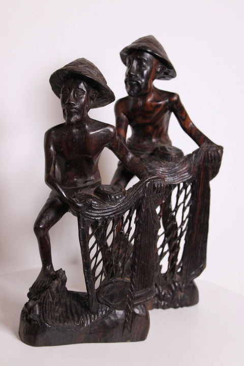 Hand Carved Wood Fishermen Sculpture