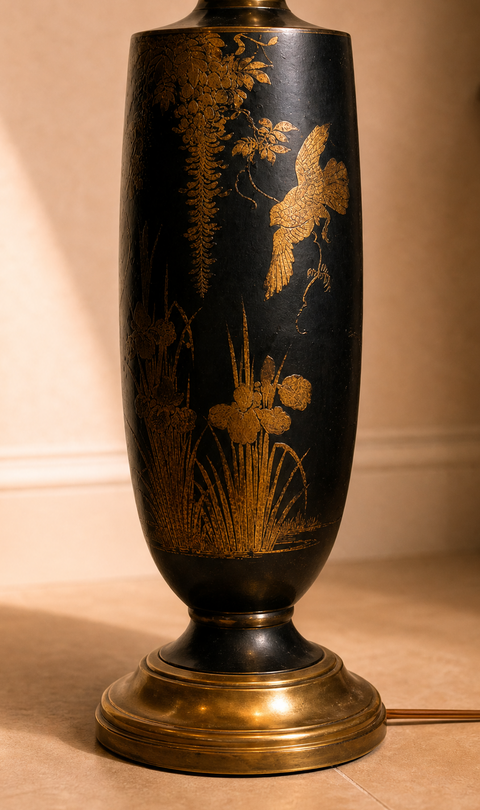 Black and Gold Chinoiserie Double-Light Table Lamp