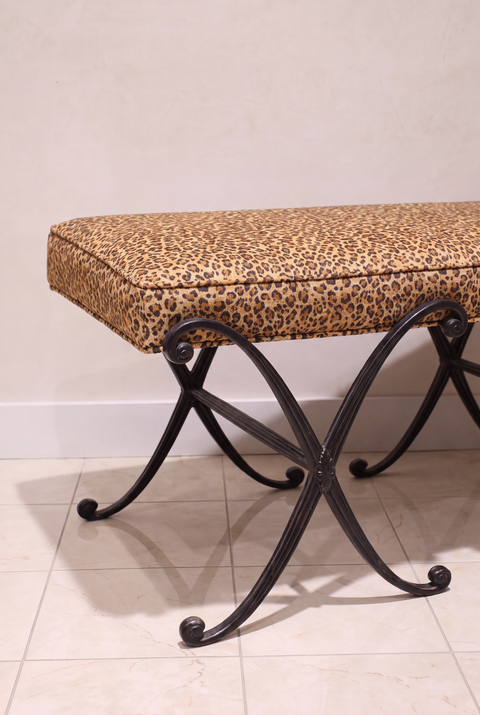 Vintage Leopard Upholstered Wrought Iron Bench – Hollywood Regency X-Base Vanity Bench