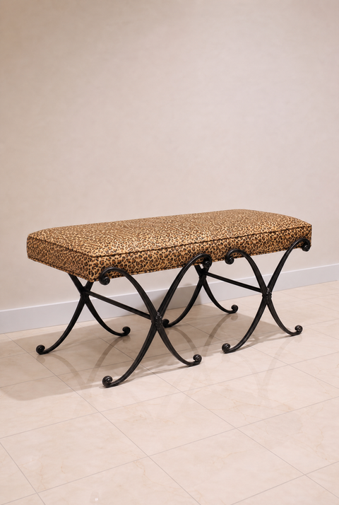 Vintage Leopard Upholstered Wrought Iron Bench – Hollywood Regency X-Base Vanity Bench