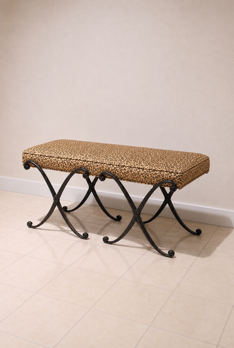 Vintage Leopard Upholstered Wrought Iron Bench – Hollywood Regency X-Base Vanity Bench