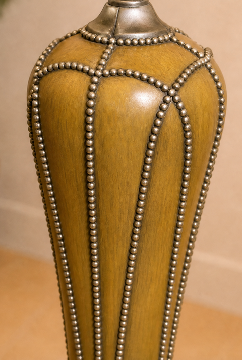 Nailhead Vintage Sculptural Ceramic Floor Lamp – Mid Century Modern Olive Glazed Statement Lamp