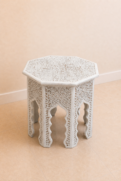 Vintage Hand-Carved Moroccan Round Accent Table | Pair White Wood Side Table