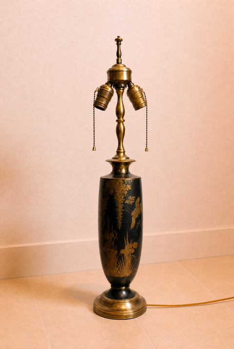 Black and Gold Chinoiserie Double-Light Table Lamp