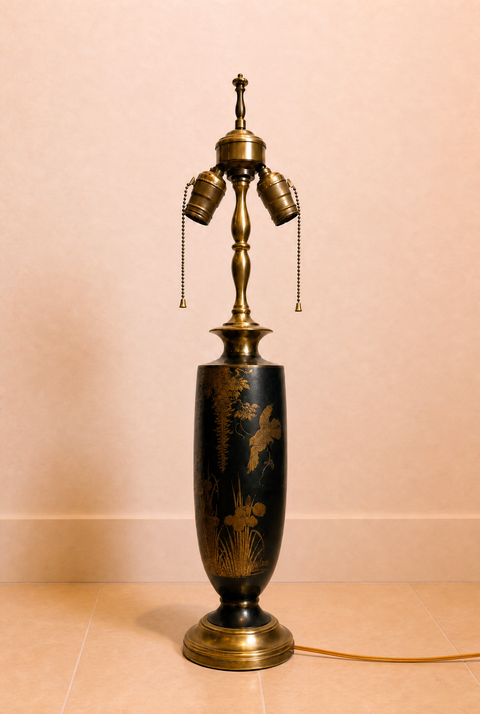 Black and Gold Chinoiserie Double-Light Table Lamp