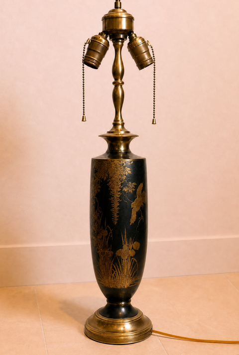 Black and Gold Chinoiserie Double-Light Table Lamp