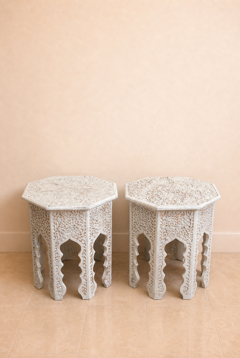 Vintage Hand-Carved Moroccan Round Accent Table | Pair White Wood Side Table