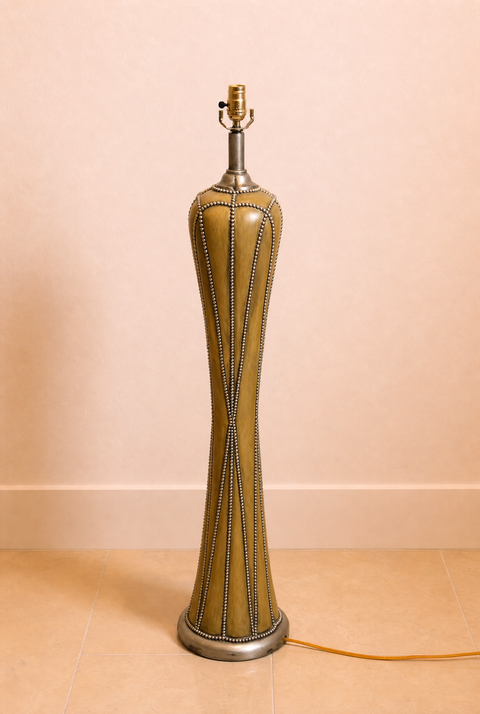 Nailhead Vintage Sculptural Ceramic Floor Lamp – Mid Century Modern Olive Glazed Statement Lamp