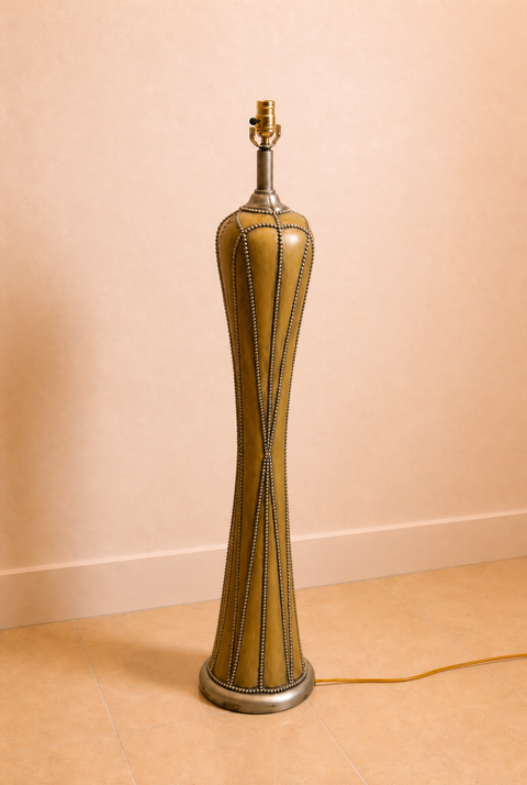 Nailhead Vintage Sculptural Ceramic Floor Lamp – Mid Century Modern Olive Glazed Statement Lamp