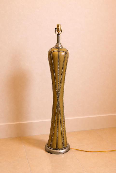 Nailhead Vintage Sculptural Ceramic Floor Lamp – Mid Century Modern Olive Glazed Statement Lamp