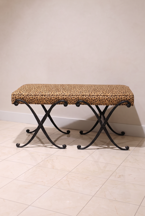Vintage Leopard Upholstered Wrought Iron Bench – Hollywood Regency X-Base Vanity Bench