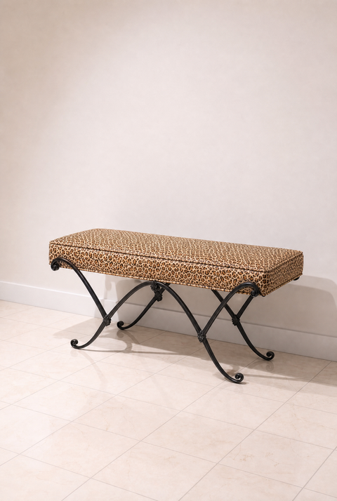 Vintage Leopard Upholstered Wrought Iron Bench – Hollywood Regency X-Base Vanity Bench
