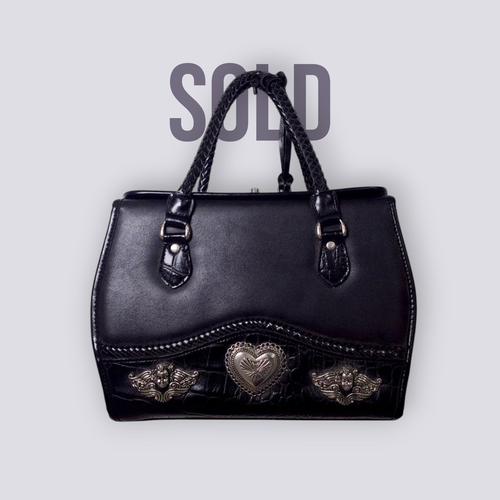 Pre Owned Brighton Black Leather Doctor Bag | Cherub & Heart Silver Concho Hardware | Braided Handles | 90s (Y2K Vintage)