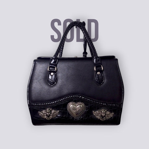 Pre Owned Brighton Black Leather Doctor Bag | Cherub & Heart Silver Concho Hardware | Braided Handles | 90s (Y2K Vintage)