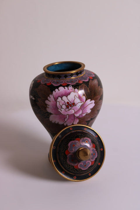 Vintage Chinese Cloisonné Covered Urn – Peony & Butterfly Motif