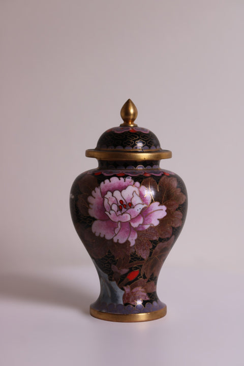 Vintage Chinese Cloisonné Covered Urn – Peony & Butterfly Motif