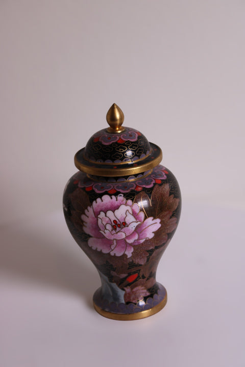 Vintage Chinese Cloisonné Covered Urn – Peony & Butterfly Motif