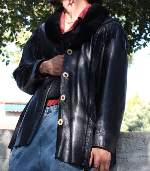 Vintage Black Leather Fringe Jacket with Fur Collar
