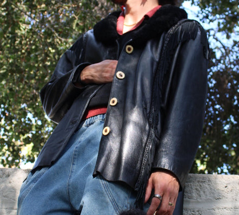 Vintage Black Leather Fringe Jacket with Fur Collar