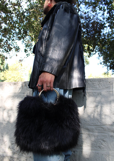 Vintage Black Leather Fringe Jacket with Fur Collar