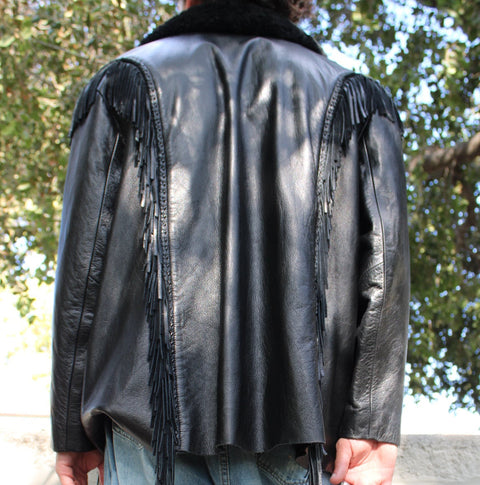 Vintage Black Leather Fringe Jacket with Fur Collar