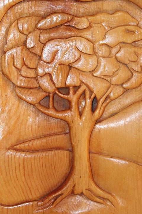 Carved Wood Tree Relief Wall Art in Honey Tones - full view