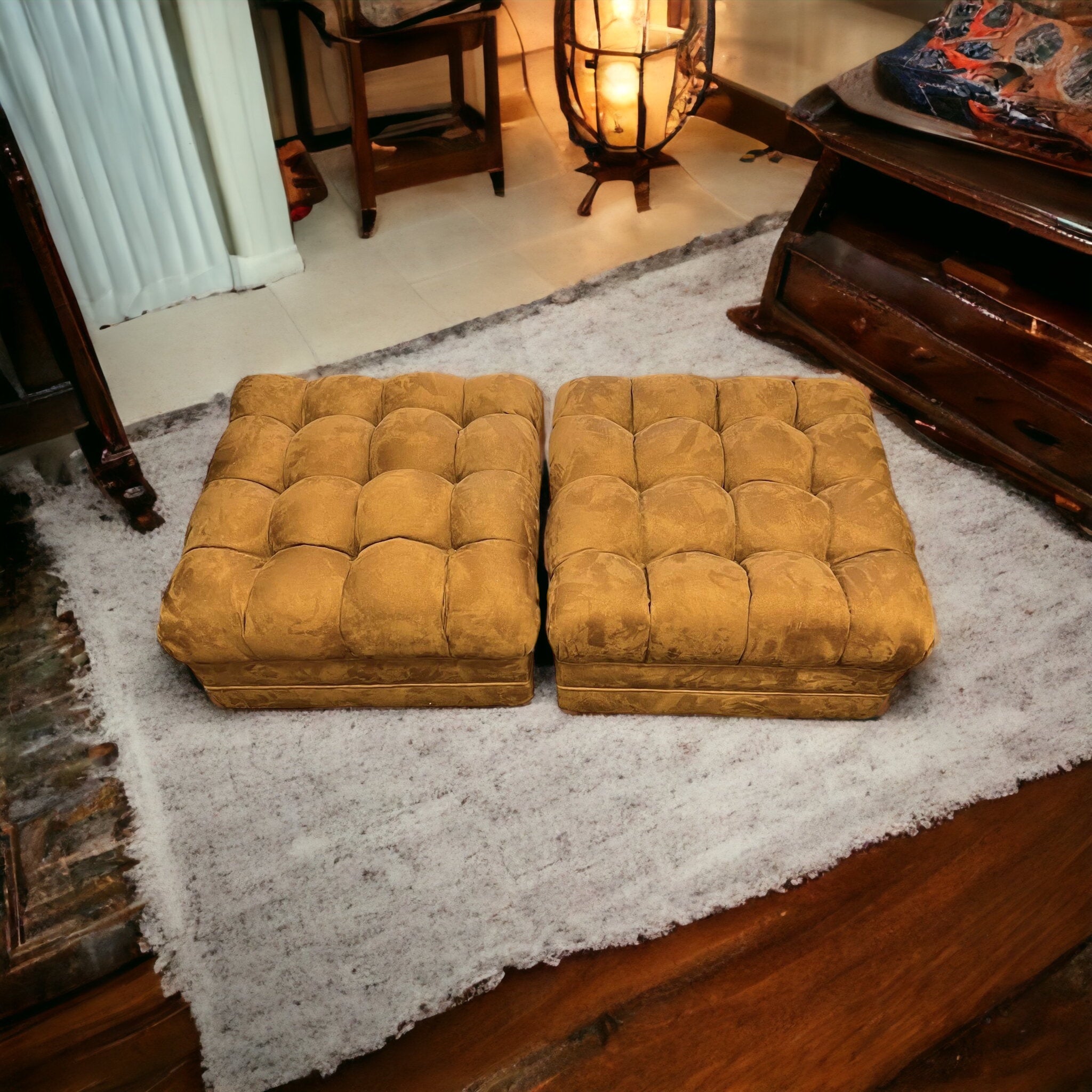 1960s Biscuit Trigger Carmel Ultra Suede Ottomans (Pair)(VINTAGE)