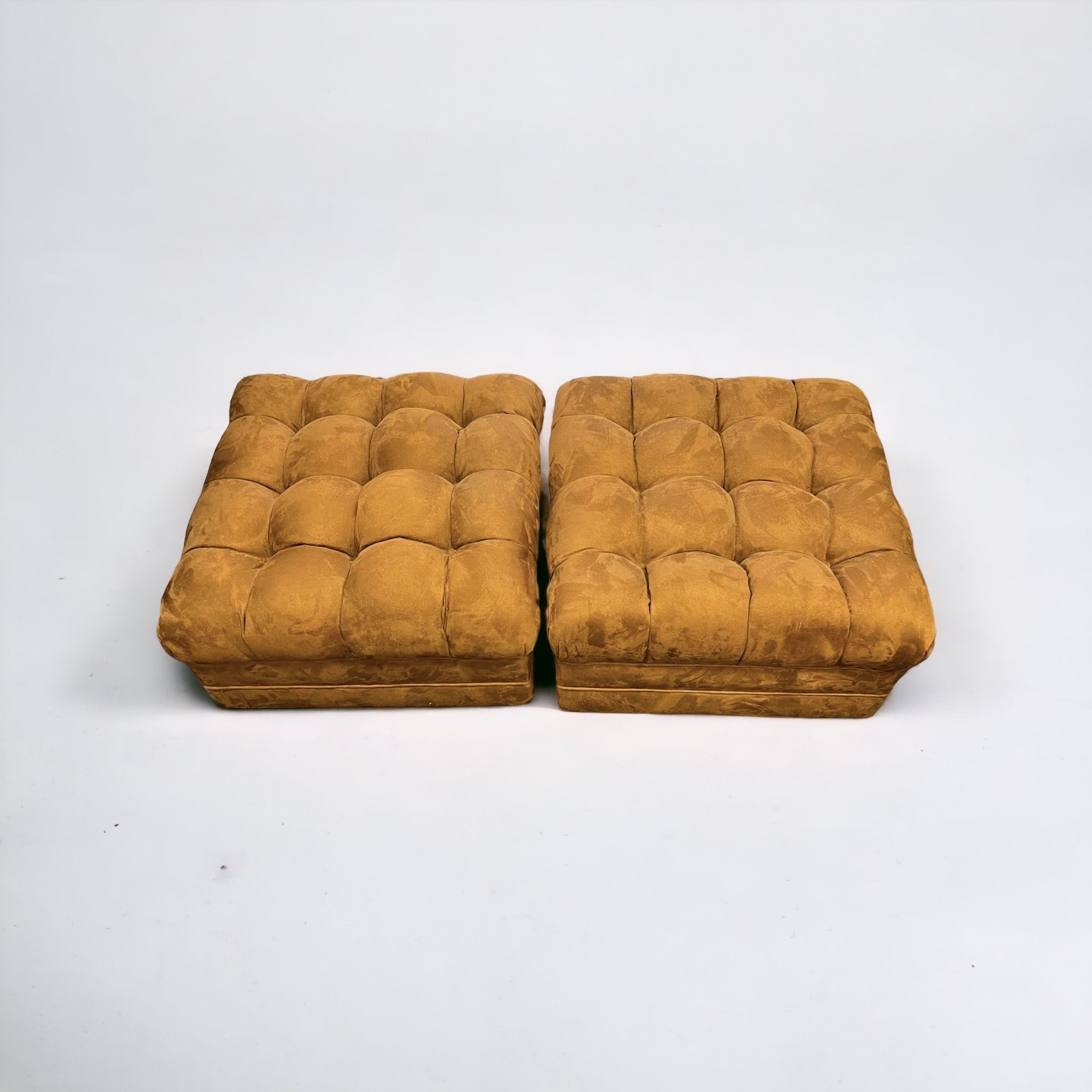 1960s Biscuit Trigger Carmel Ultra Suede Ottomans (Pair)(VINTAGE)