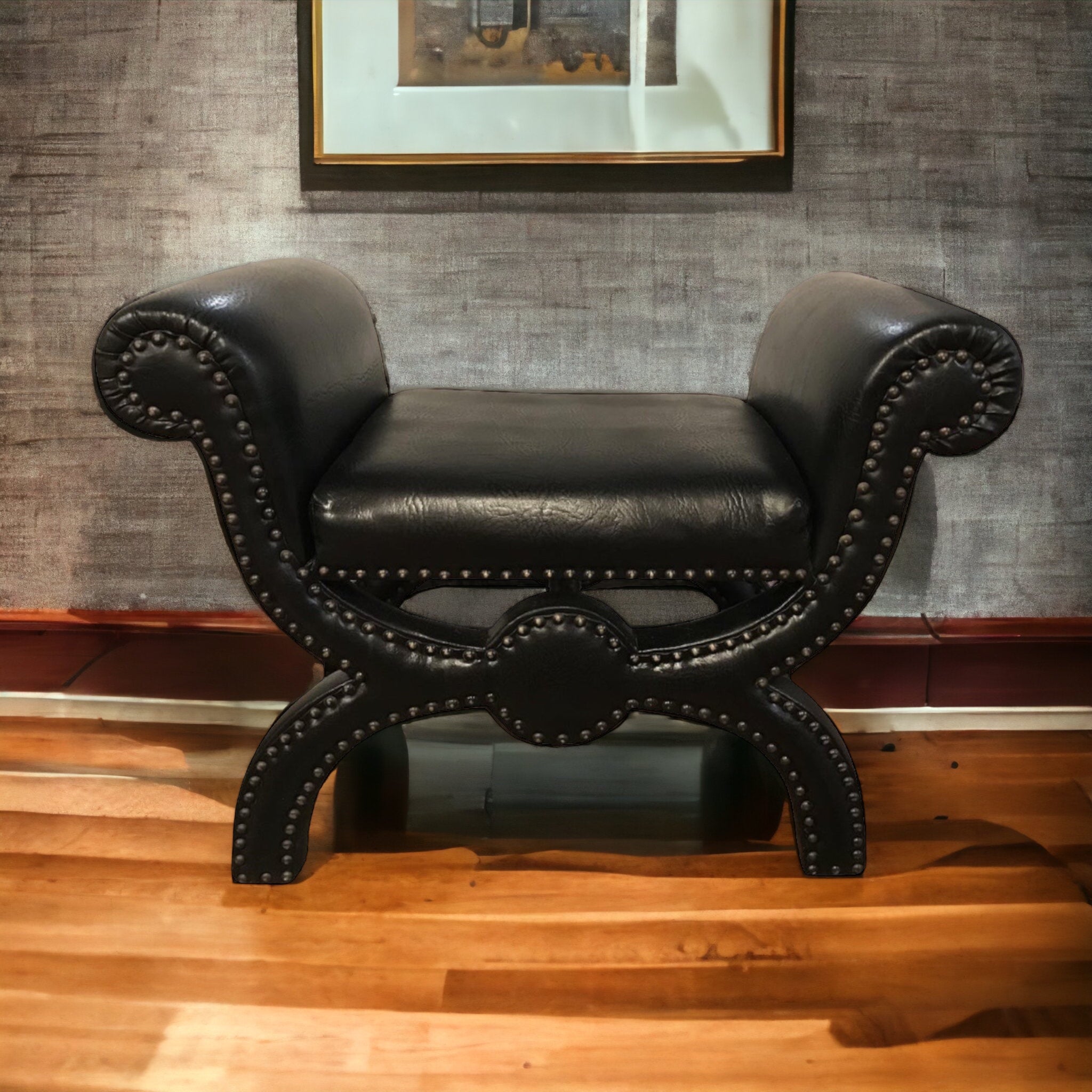 Black Vintage Vinyl Ottoman/Stool (Vintage)